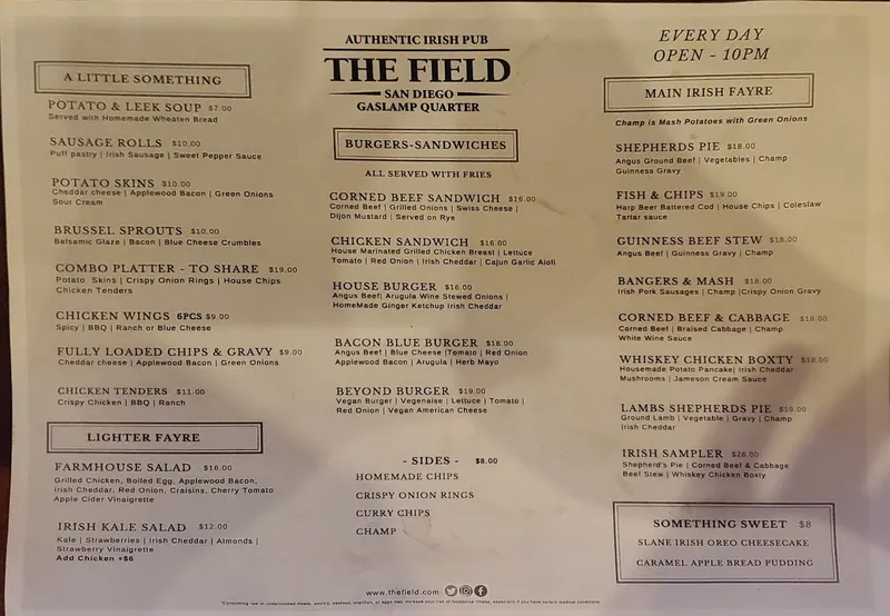 menu of The Field Irish Pub