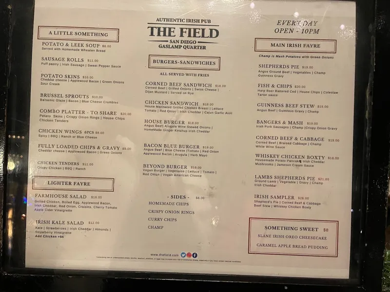 menu of The Field Irish Pub