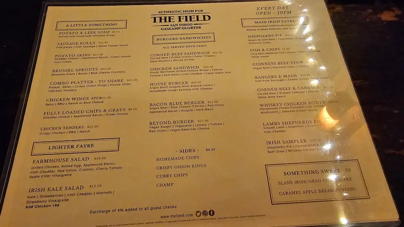 menu of The Field Irish Pub