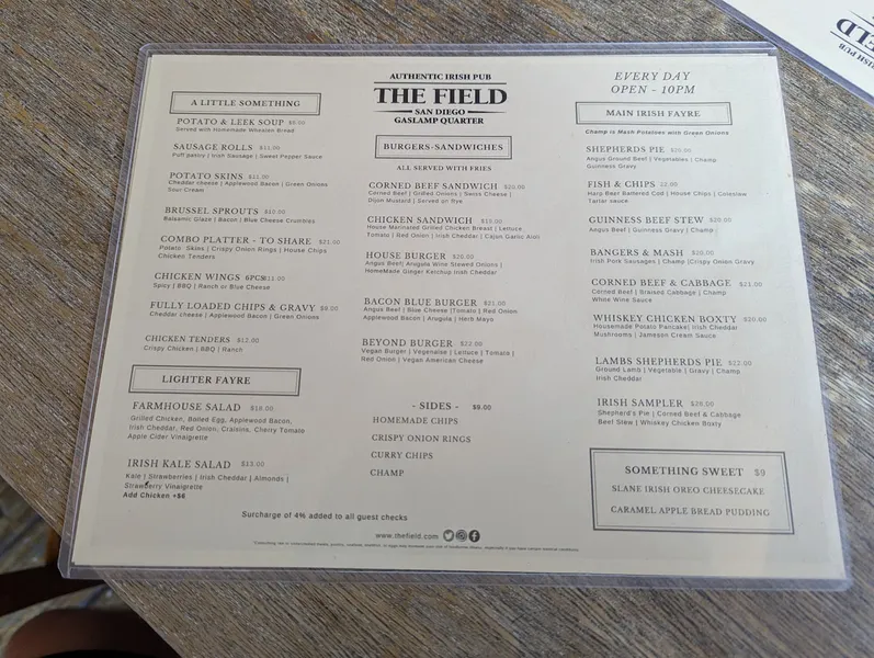 menu of The Field Irish Pub