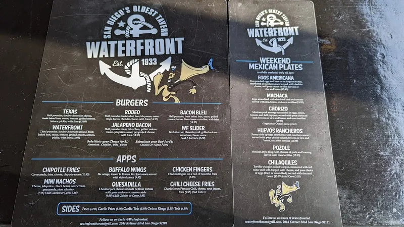 menu of Waterfront Bar & Grill