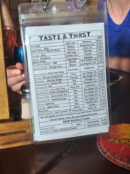 menu of Taste & Thirst