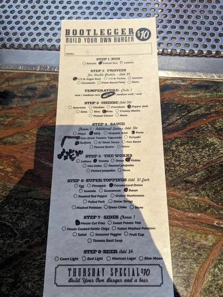 menu of Bootlegger