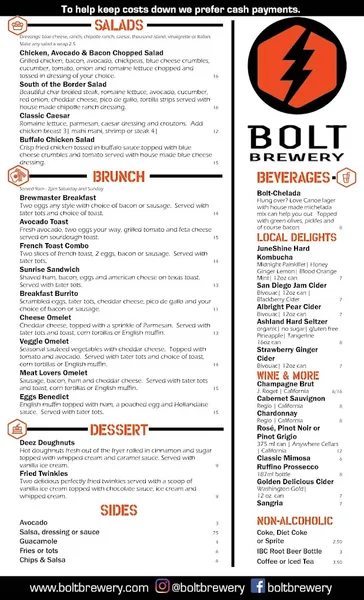 menu of Bolt Brewery - Little Italy