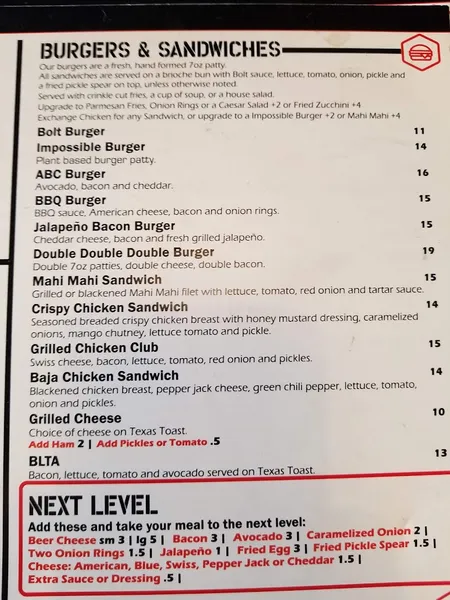 menu of Bolt Brewery - Little Italy