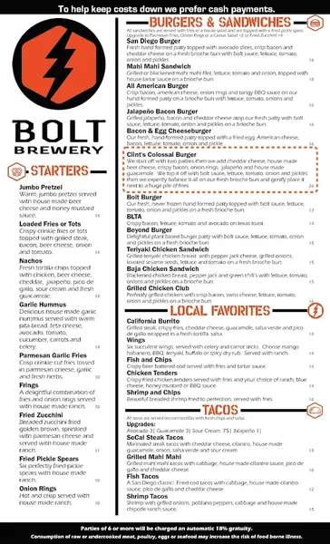 menu of Bolt Brewery - Little Italy