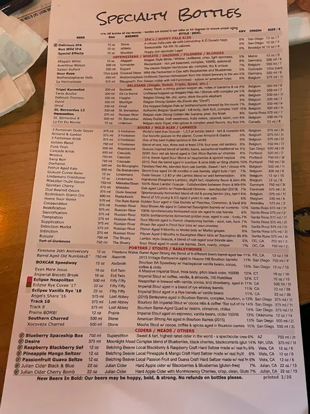 menu of SD TapRoom