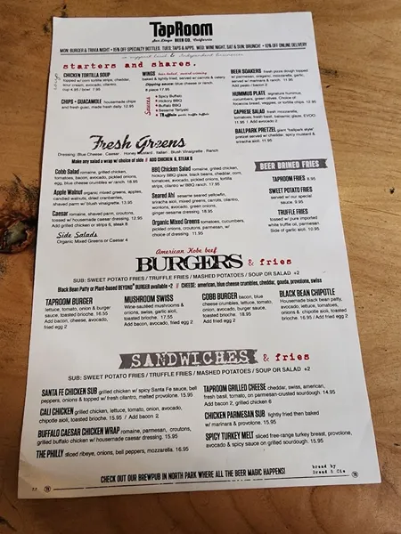 menu of SD TapRoom