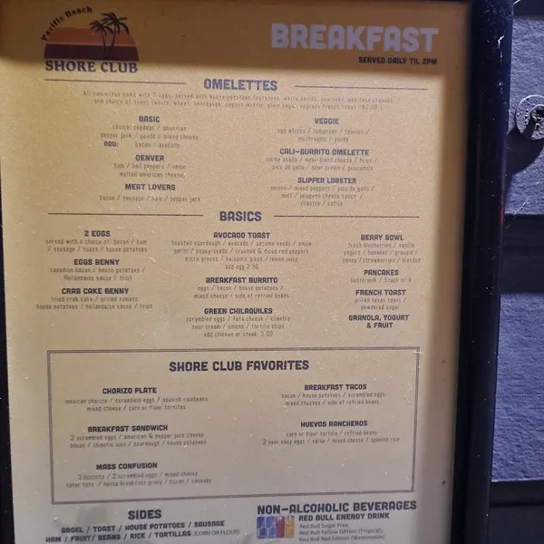 menu of PB Shore Club