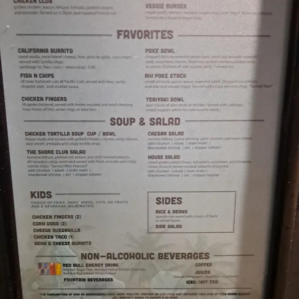 menu of PB Shore Club