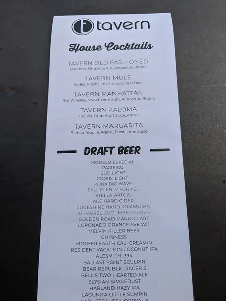 menu of Tavern at the Beach