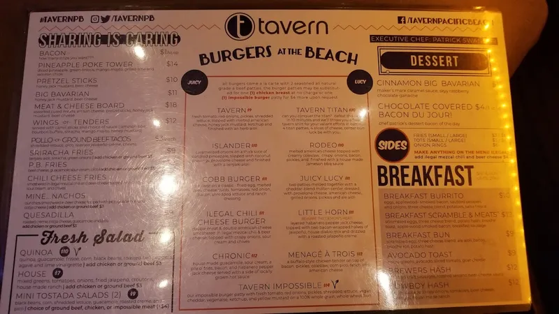 menu of Tavern at the Beach