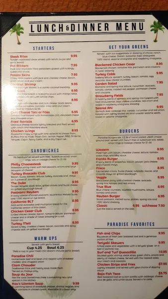 menu of Paradise Lounge & Grill