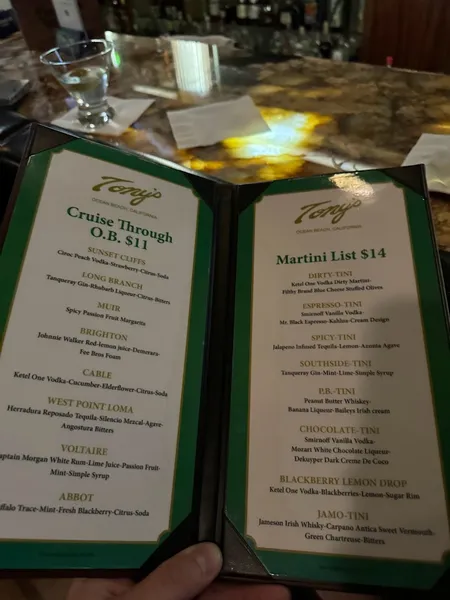 menu of Tony's Martini Bar