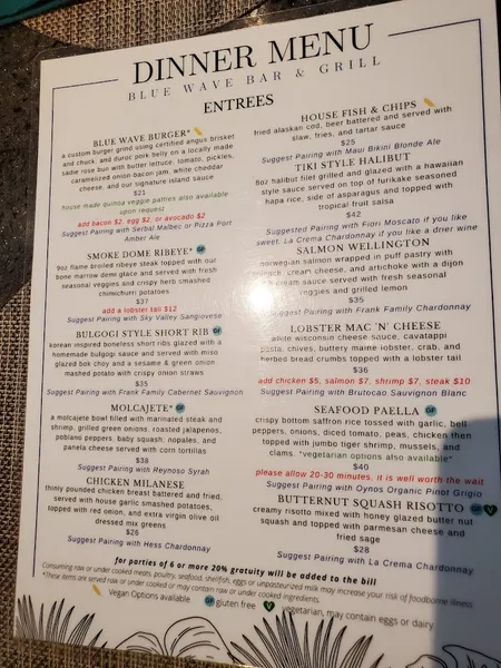 menu of Blue Wave Bar & Grill