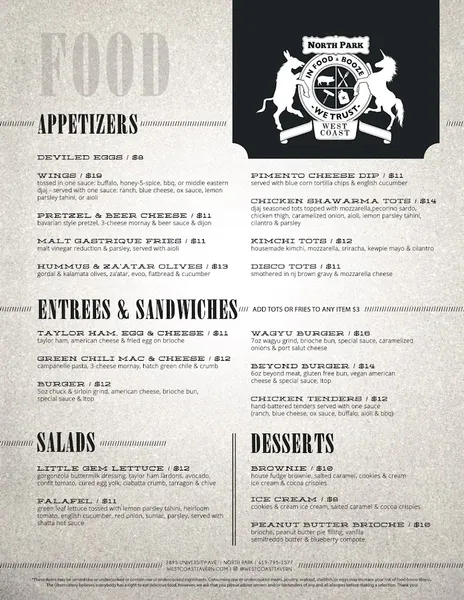 menu of West Coast Tavern