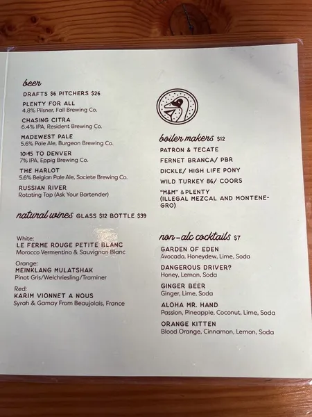 menu of Swan Bar