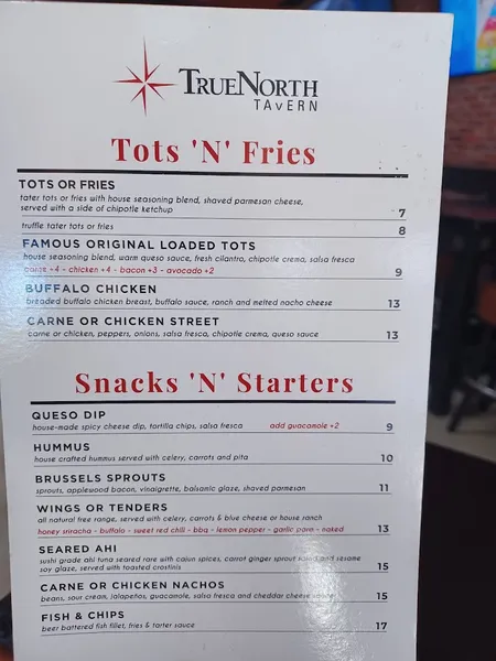 menu of True North Tavern