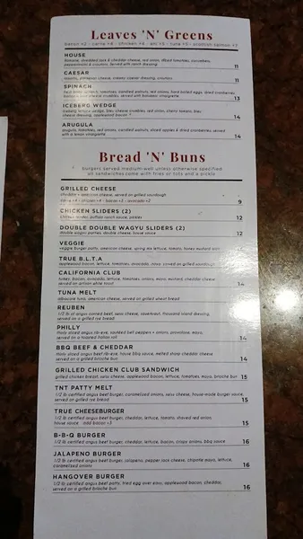 menu of True North Tavern