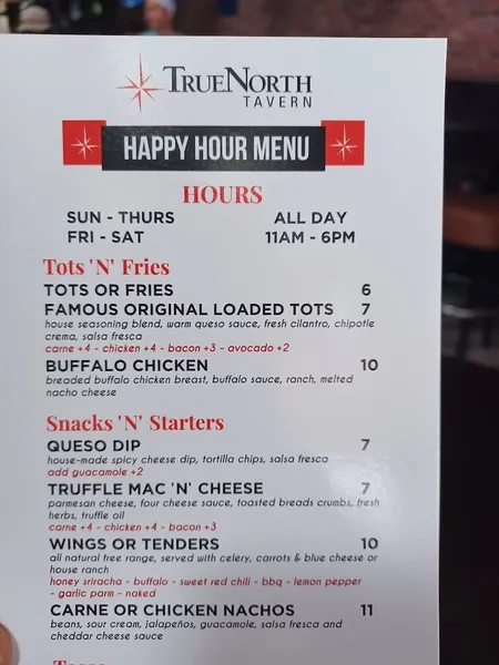 menu of True North Tavern