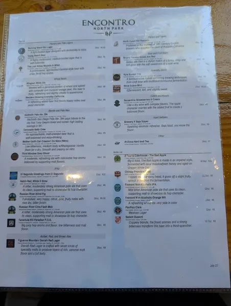 menu of Encontro North Park