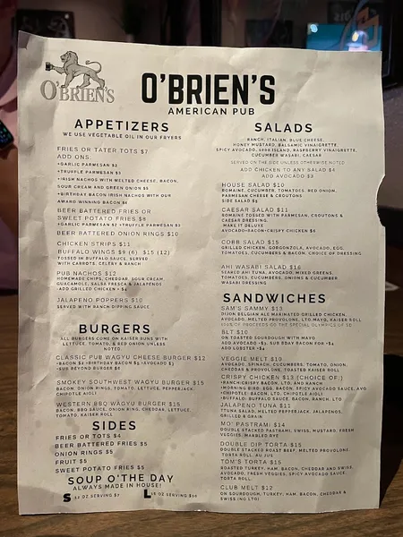 menu of O'Brien's