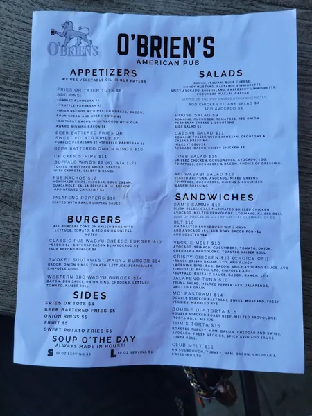 menu of O'Brien's