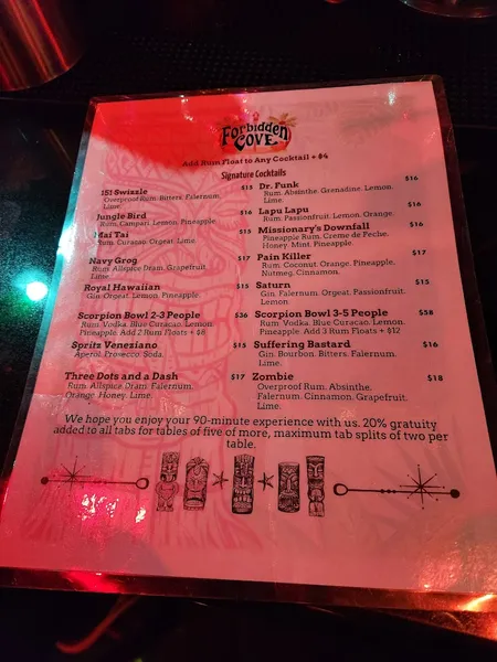 menu of Forbidden Cove