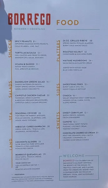 menu of Borrego Kitchen & Cocktails