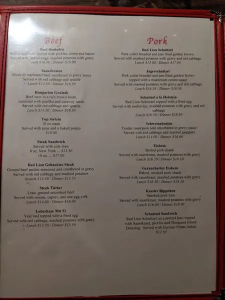 menu of The Red Lion Tavern