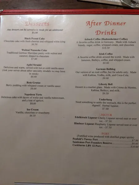 menu of The Red Lion Tavern