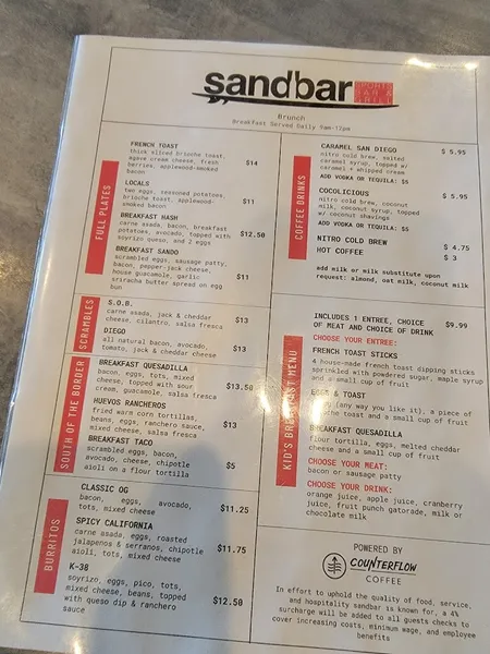 menu of Sandbar Sports Grill