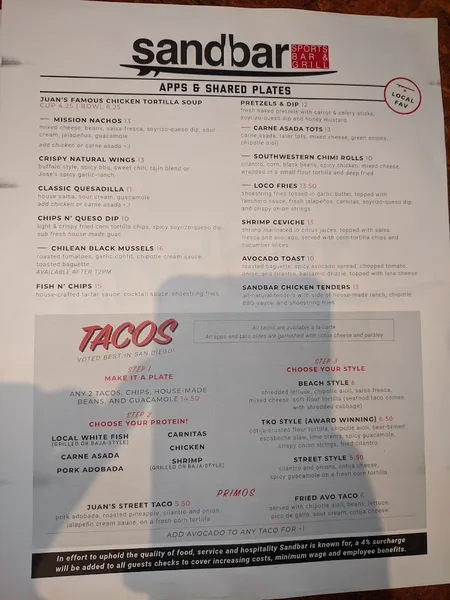 menu of Sandbar Sports Grill