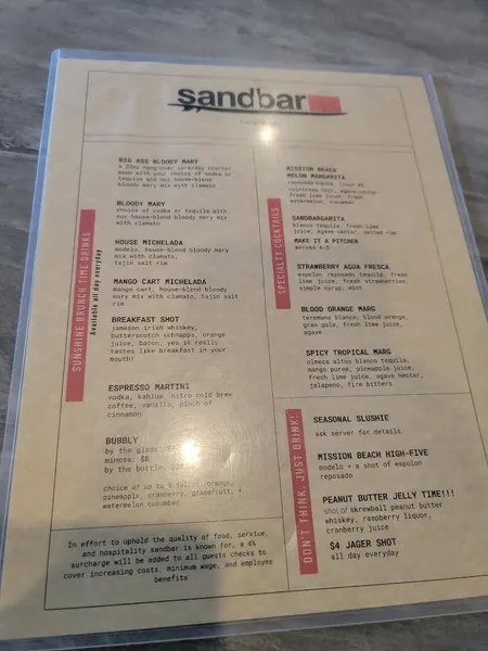 menu of Sandbar Sports Grill