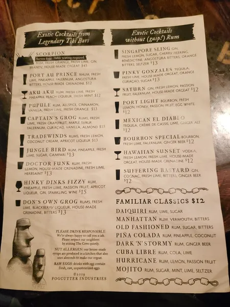 menu of Smuggler's Cove