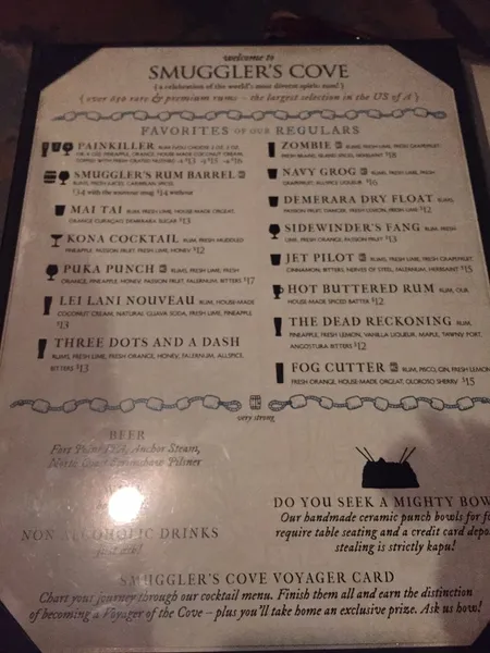 menu of Smuggler's Cove