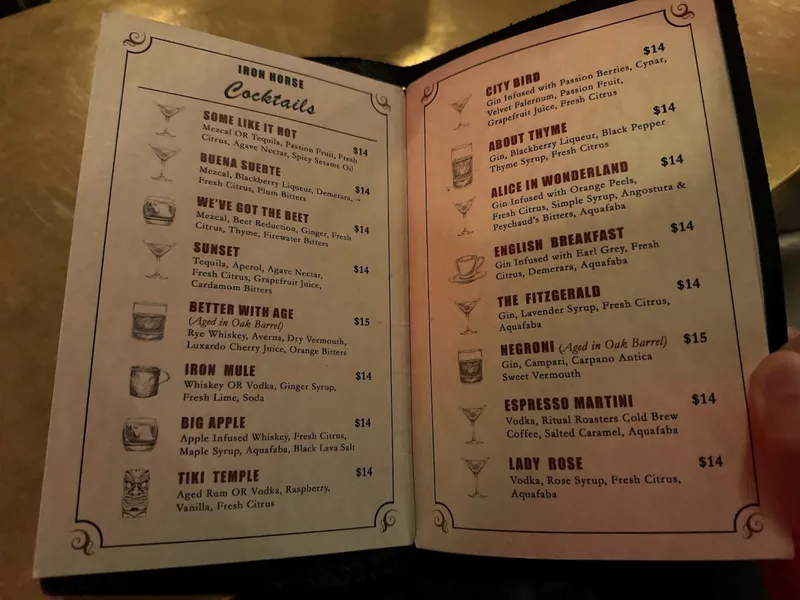 menu of Iron Horse Cocktails