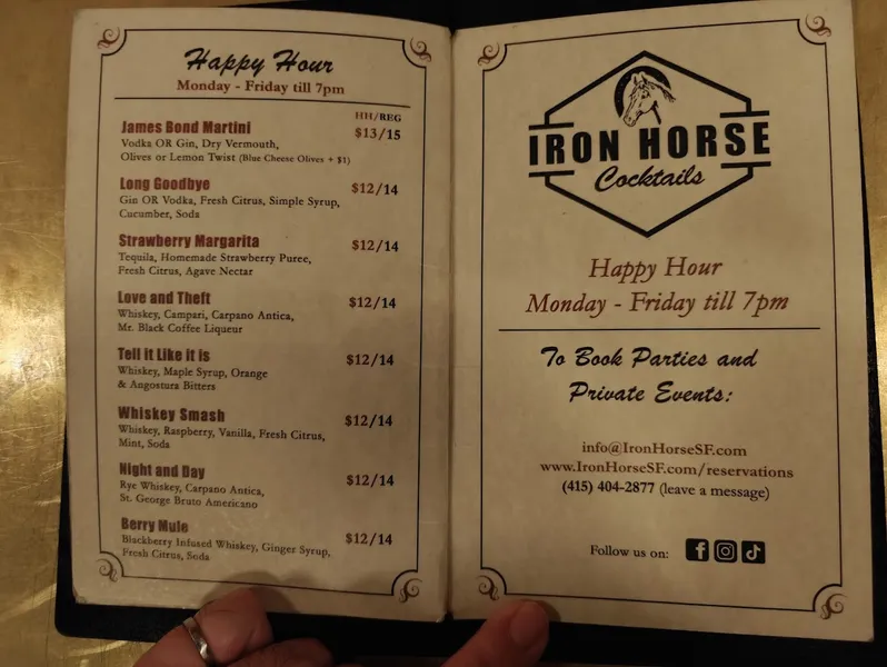 menu of Iron Horse Cocktails