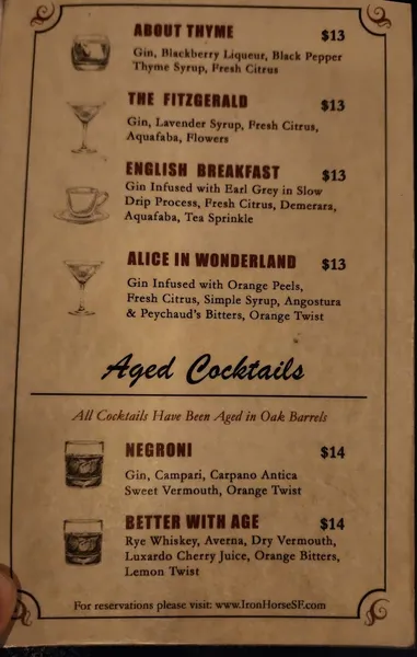 menu of Iron Horse Cocktails