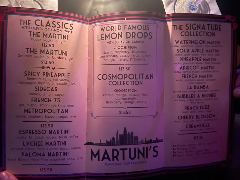 menu of Martuni's