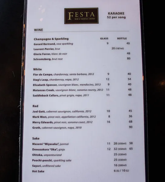 menu of Festa Wine & Cocktail Lounge - Karaoke