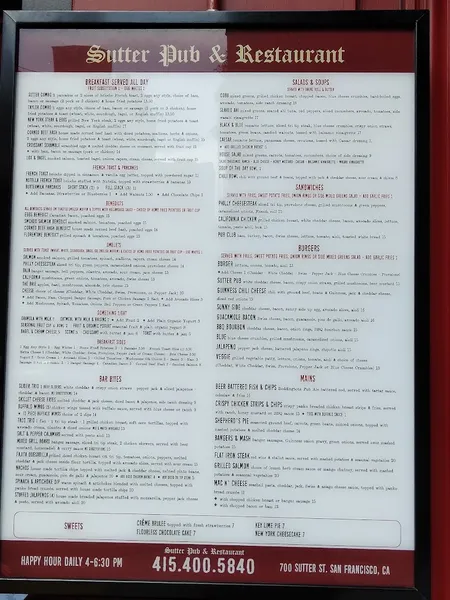 menu of Sutter Pub & Restaurant