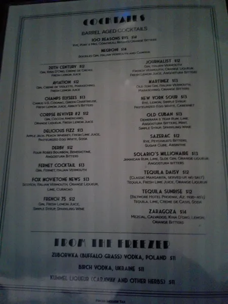 menu of Stookey's Club Moderne