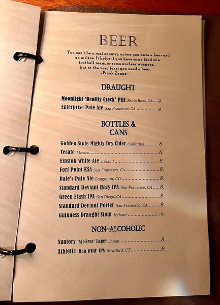 menu of Comstock Saloon