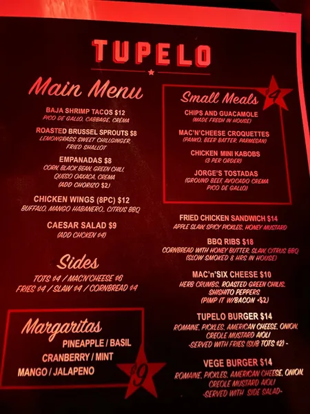 menu of Tupelo