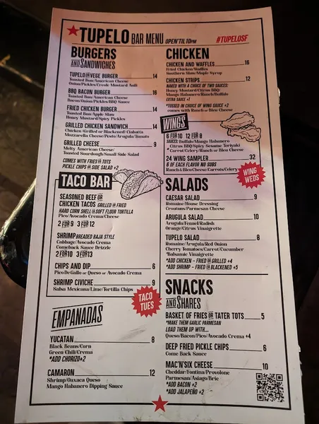 menu of Tupelo