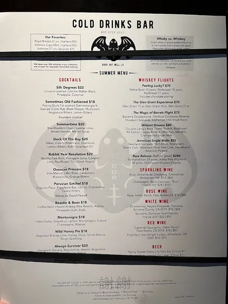 menu of Cold Drinks Bar