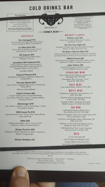 menu of Cold Drinks Bar