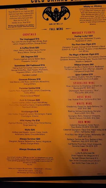 menu of Cold Drinks Bar