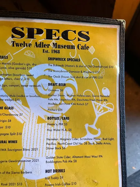 menu of Specs' Twelve Adler Museum Cafe